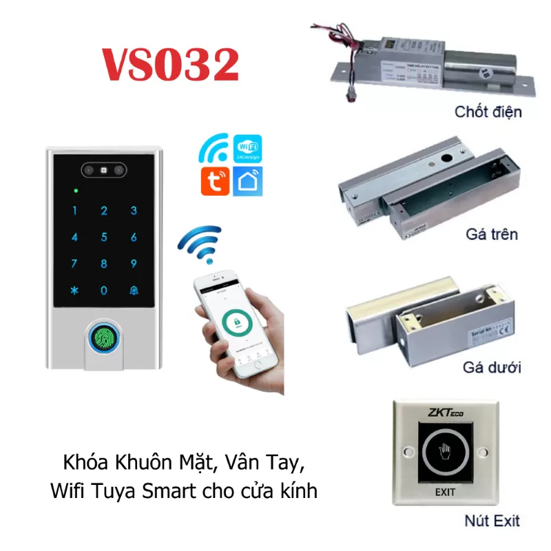 Khóa cửa kính cường lực Tuya wifi VS032 VF5