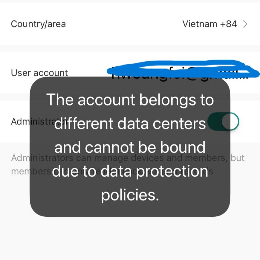 The account belongs to different data centers and cannot be bound due to data protection policies.
