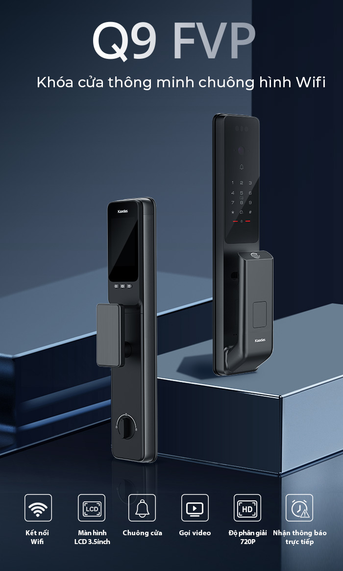 Khóa cửa thông minh Kaadas Q9-FVP với công nghệ nhận diện tĩnh mạch, khóa vân tay, và bảo mật khuôn mặt 3D hiện đại