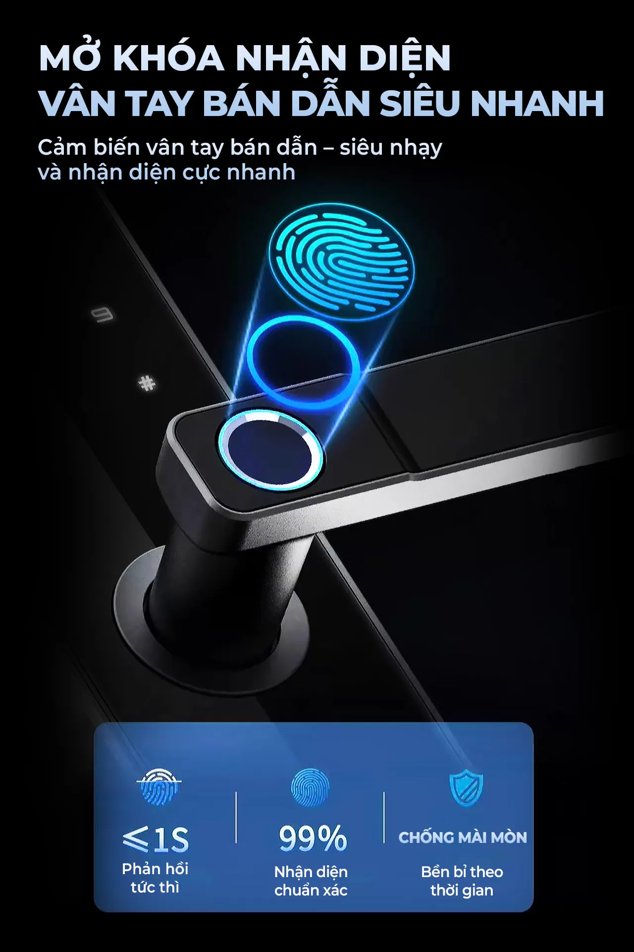 Cảm biến v&acirc;n tay b&aacute;n dẫn AI tr&ecirc;n kh&oacute;a v&acirc;n tay Tenon nhận diện si&ecirc;u tốc dưới 0.5 gi&acirc;y.
